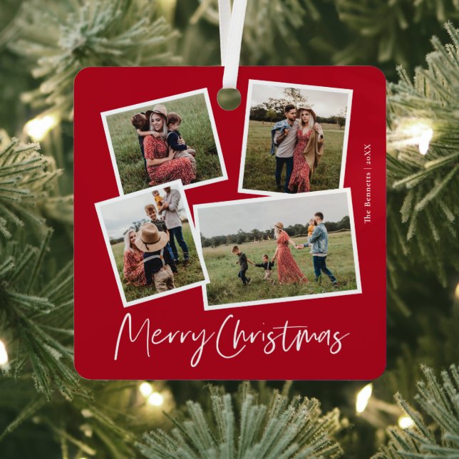 Modern 4 Photo Collage Merry Christmas  Metal Ornament (Insitu)