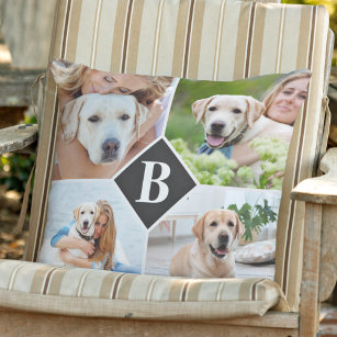 Modern 4 Photo Collage Personalized Monogram Dog Outdoor Pillow