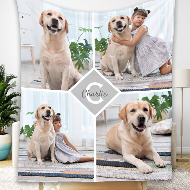 Modern 4 Photo Collage Pet Dog Fleece Blanket (Creator Uploaded)