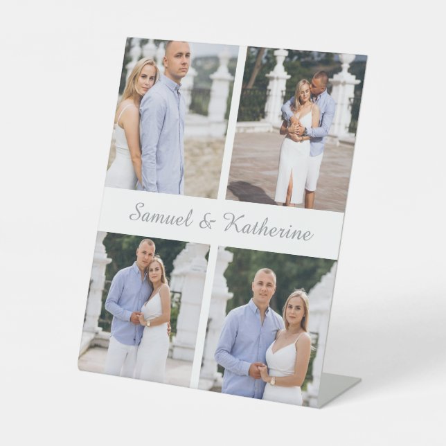 Modern 4 Photo Collage & Script Name Couple Pedestal Sign (Front)
