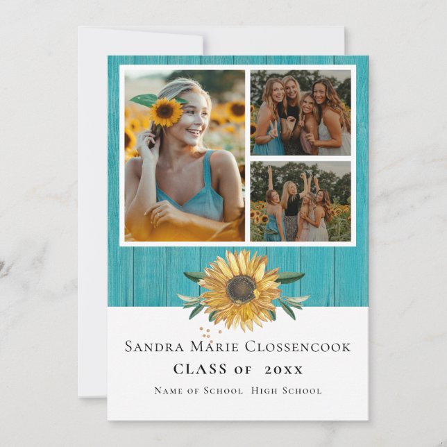 Modern 4 Photo Collage Sunflower graduation Announ Announcement (Front)