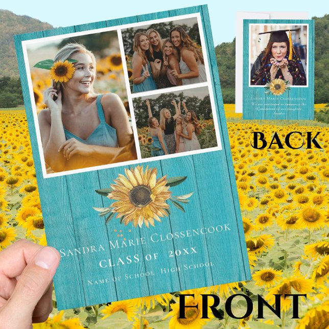 Modern 4 Photo Collage Sunflower graduation  Announcement (Creator Uploaded)