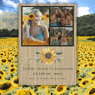 Modern 4 Photo Collage Sunflower graduation   Announcement