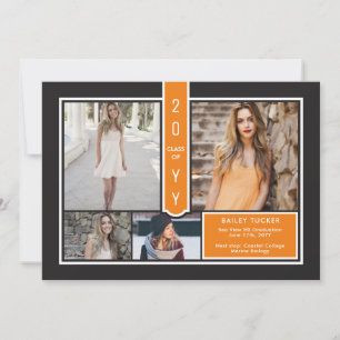 Modern 4-Photo College Orange and Black Graduation Announcement