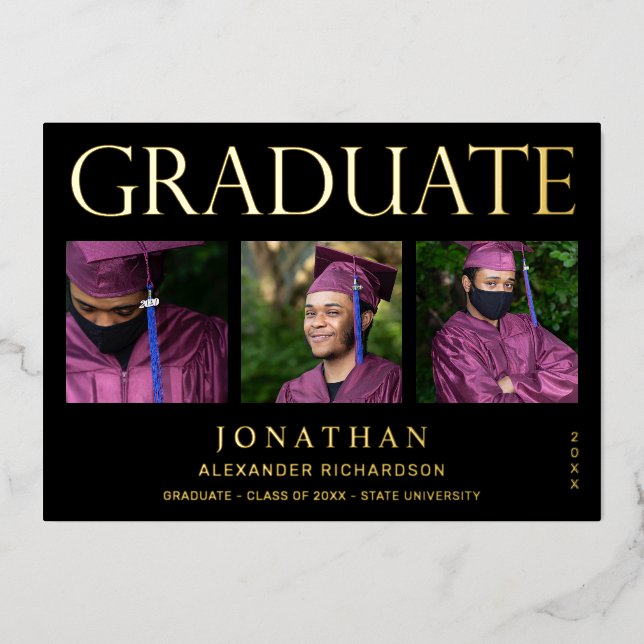 Modern 4 Photo Foil Graduation Announcement Black  (Front)