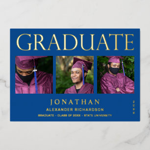 Modern 4 Photo Foil Graduation Announcement Blue