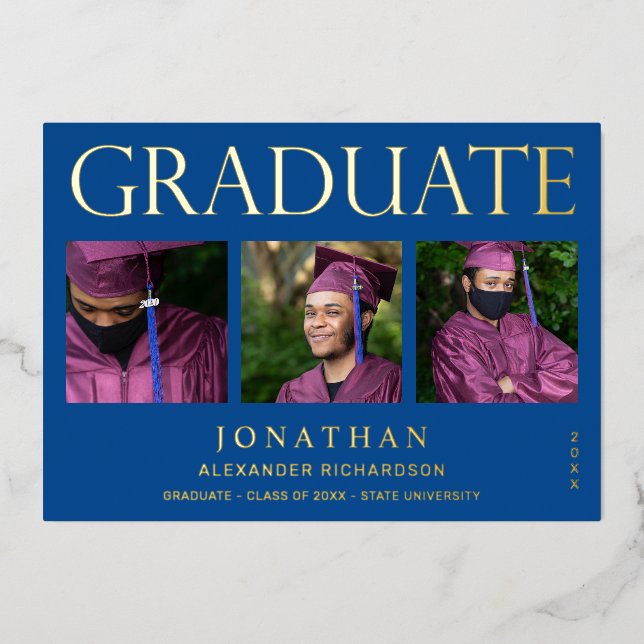 Modern 4 Photo Foil Graduation Announcement Blue (Front)