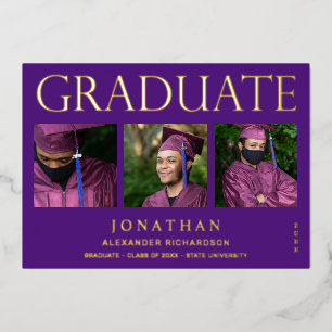 Modern 4 Photo Foil Graduation Announcement Purple