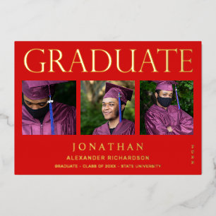 Modern 4 Photo Foil Graduation Announcement Red