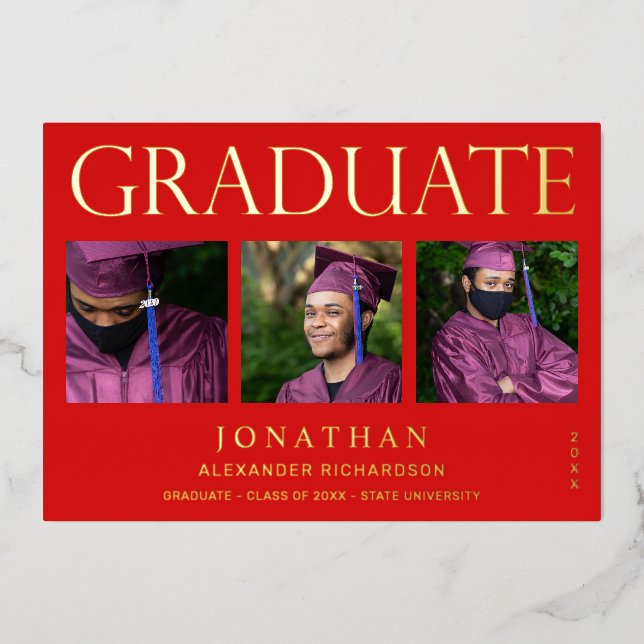 Modern 4 Photo Foil Graduation Announcement Red (Front)