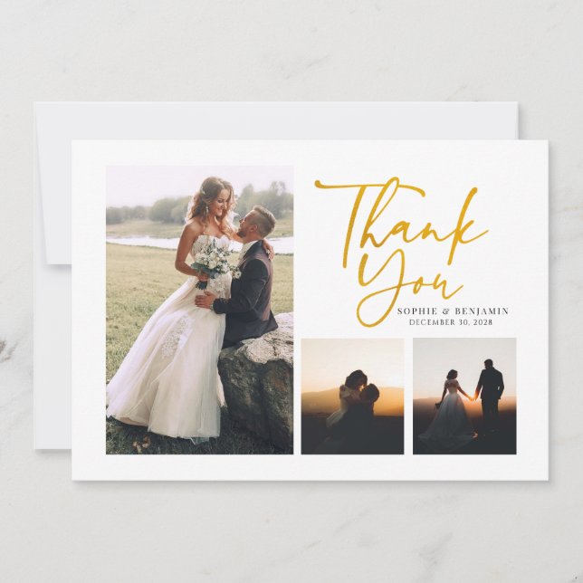 Modern 4 Photo Gold Hand-Lettered Wedding Thank You Card (Front)