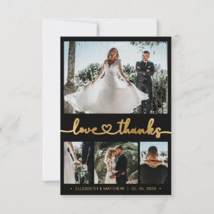 Modern 4 Photo Gold Heart Script Wedding Thank You