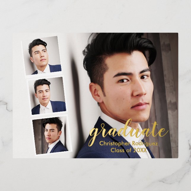 Modern 4 Photo Graduation Foil Invitation Postcard (Front)
