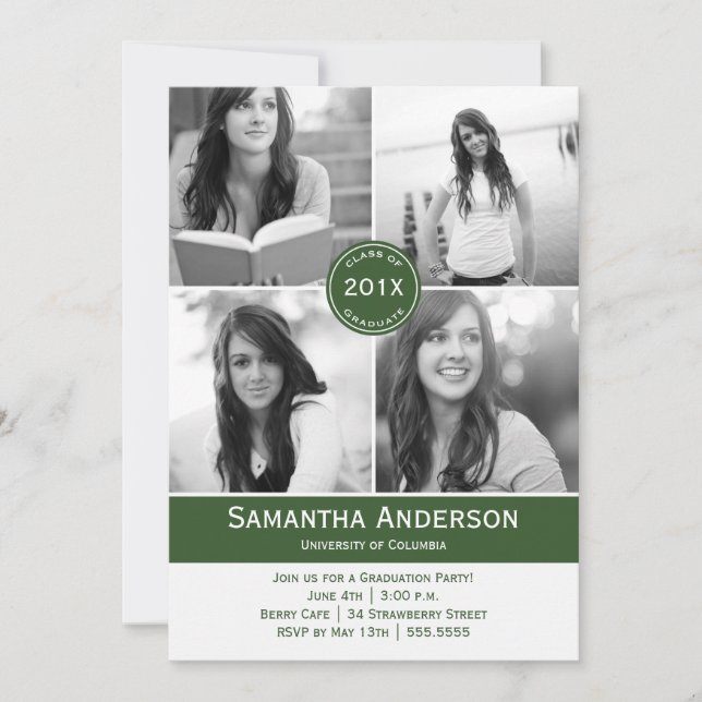 Modern 4 Photo Graduation Invitation - Green (Front)