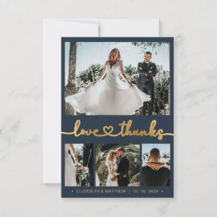 Modern 4 Photo Heart Script Navy Wedding Thank You Card