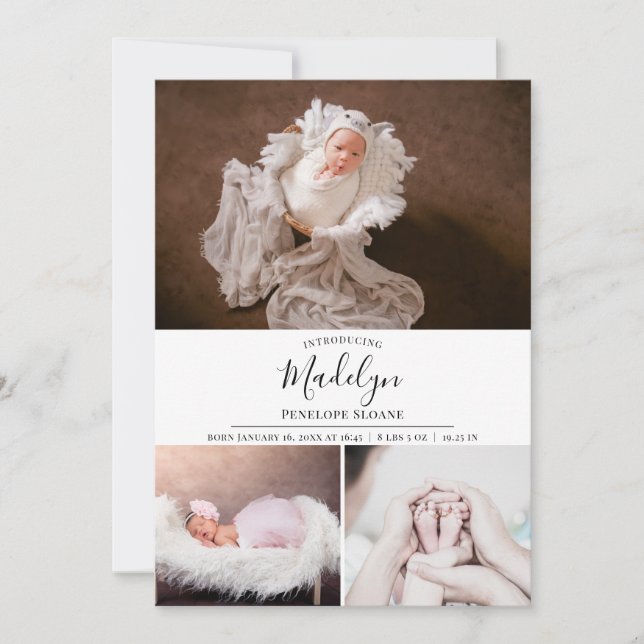 Modern 4 Photo Personalized Baby Birth Announcement (Front)