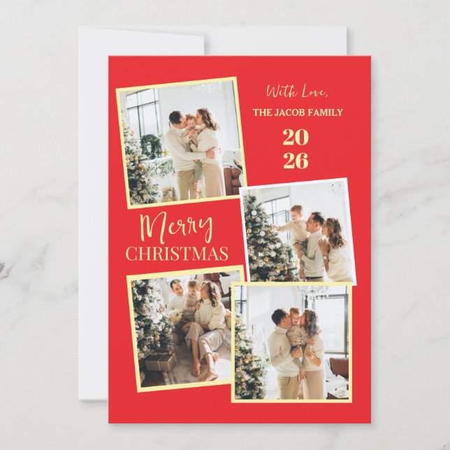 Modern 4 Photo Polaroid Grid Merry Christmas Holiday Card (Front)