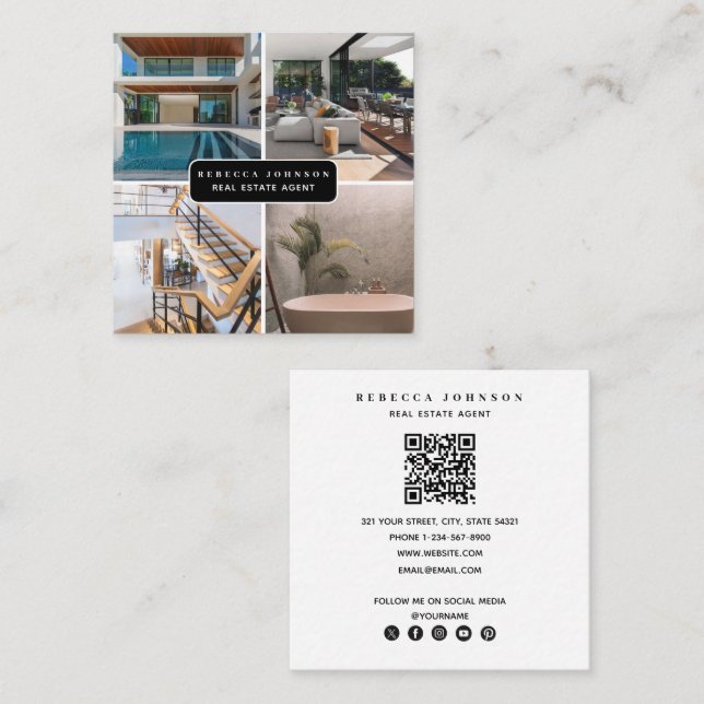 Modern 4 Photo Real Estate Agent QR Code Square Business Card (Front/Back)