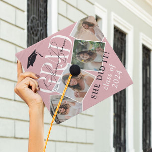 Modern 4 Photo & Signature Graduation Party Pink Cap Topper