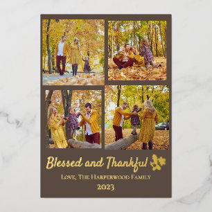 Modern 4 Photo Storyboard Blessed Thankful Foil Holiday Card