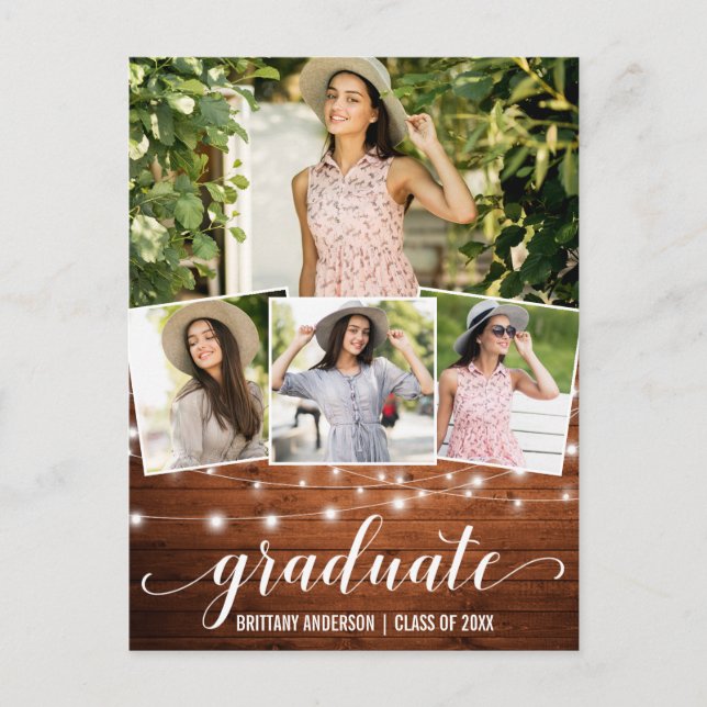 Modern 4 Photo Wood Lights Graduation Announcement (Front)