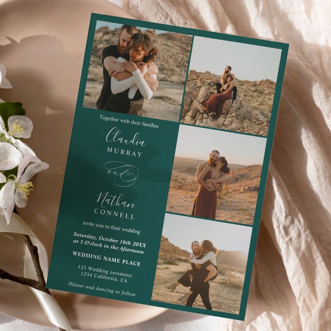 Modern 4 Photos elegant script wedding dark green Invitation (Creator Uploaded)