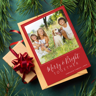 Modern 4 photos Merry and Bright  red Christmas Holiday Card