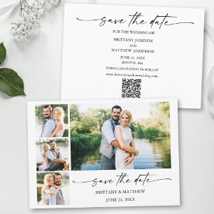 Modern 4 Photos Minimalist Ink Pen Script QR Code Save The Date