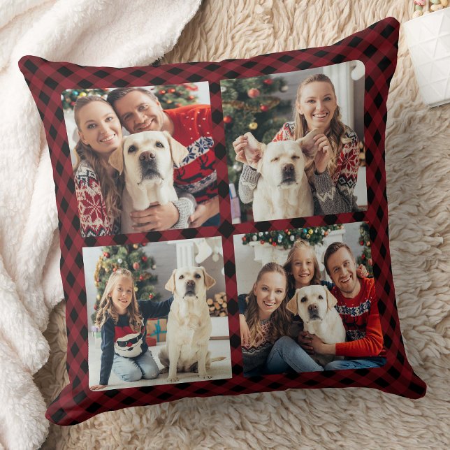 Modern 4 Photos Personalized Holiday Red Plaid Throw Pillow (Creator Uploaded)