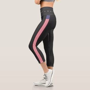 Modern 4th of July American Flag Name Summer   Capri Leggings
