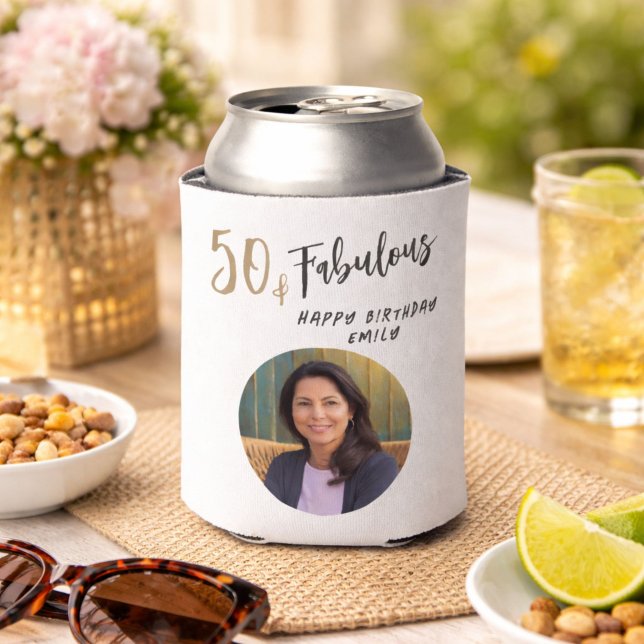 Modern 50 and Fabulous Photo 50th Birthday Can Cooler (Creator Uploaded)