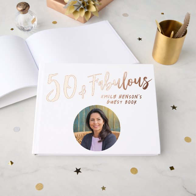 Modern 50 and Fabulous Photo 50th Birthday Party Guest Book (Front Open)