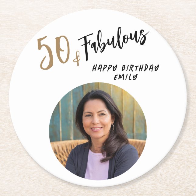 Modern 50 and Fabulous Photo 50th Birthday Round Paper Coaster (Front)