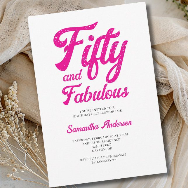 Modern 50 and Fabulous Pink 50th Birthday Party Invitation (Creator Uploaded)