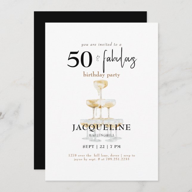 Modern 50 & Fabulous Black Birthday Party Invitation (Front/Back)