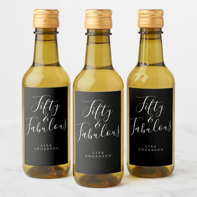 Modern 50 Fabulous Black White Name 50th Birthday Wine Label (Bottles)