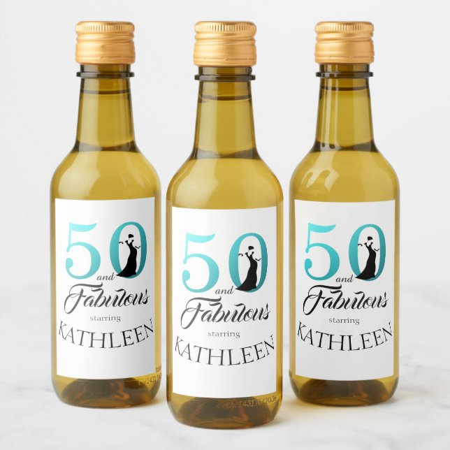 Modern 50 Fabulous Custom Name 50th Birthday Blue Wine Label (Bottles)