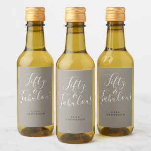 Modern 50 Fabulous Grey Custom Name 50th Birthday Wine Label