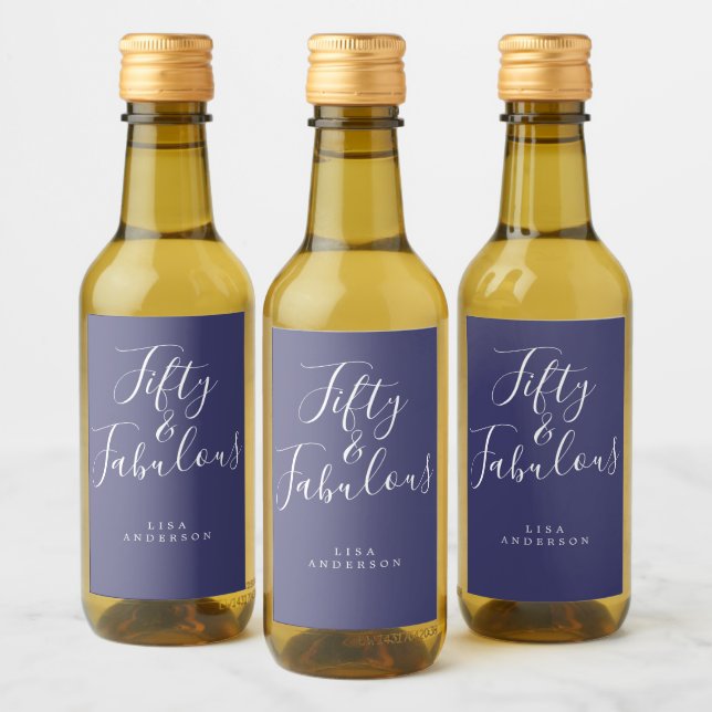 Modern 50 Fabulous Navy Blue Name 50th Birthday Wine Label (Bottles)
