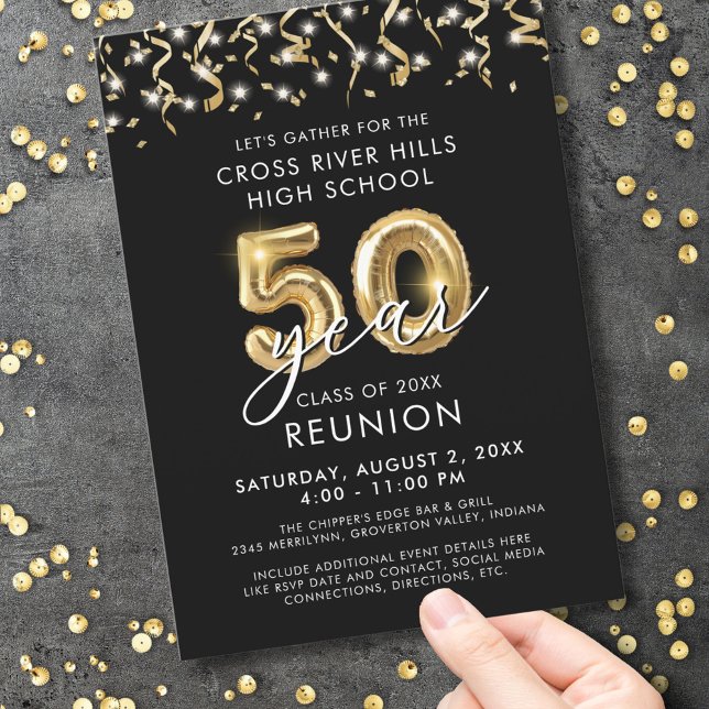 Modern 50 Year Class Reunion Black Gold Streamers Invitation (Creator Uploaded)
