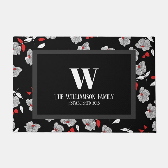 Modern 50s Style Flowers & Black Family Name Doormat (Front)
