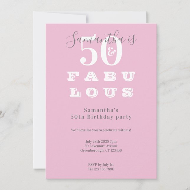 Modern 50th Birthday 50 fabulous Pink Grey Party Invitation (Front)