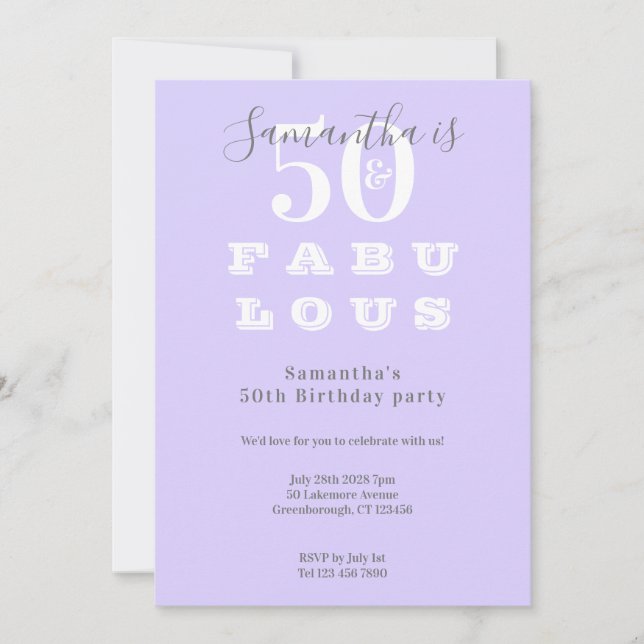 Modern 50th Birthday 50 fabulous Purple Grey Party Invitation (Front)