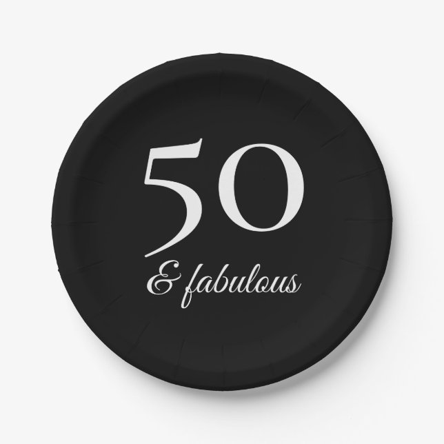 Modern 50th Birthday Black and White Typography Paper Plate (Front)