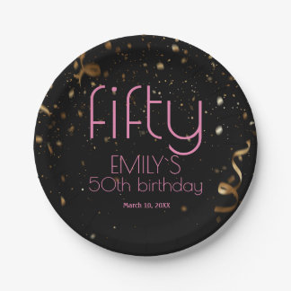 Modern 50th Birthday Black Gold Confetti Paper Plate