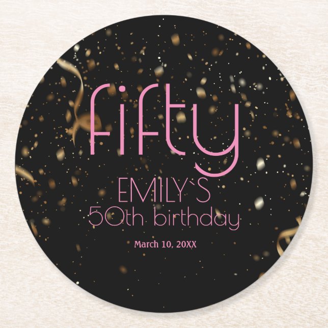 Modern 50th Birthday Black Gold Confetti  Round Paper Coaster (Front)