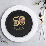Modern 50th birthday black gold photo paper plate<br><div class="desc">Trendy bold typography 50 years man birthday funny personalized party paper plates template with 2 photos and modern retro style script. Easy to customize with your text and pictures.</div>