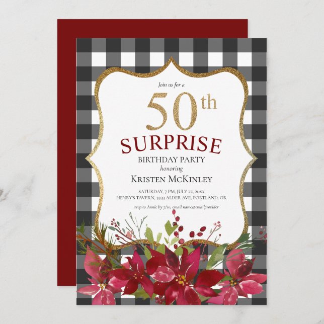 Modern 50th Birthday Black Red Floral Glitter Invitation (Front/Back)
