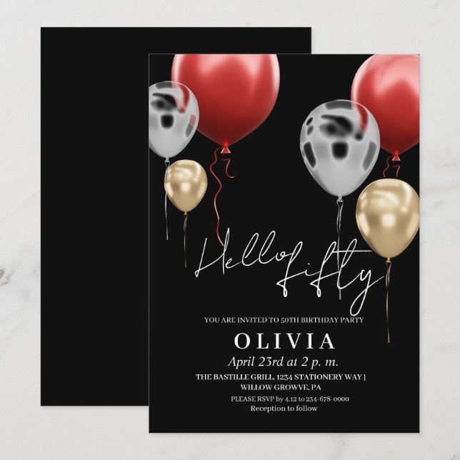 Modern 50th Birthday Black Silver Red Balloons  Invitation (Front/Back)