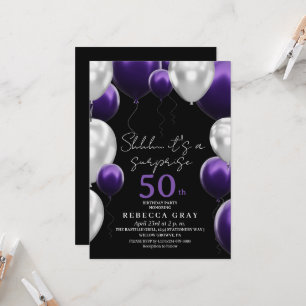  Modern 50th Birthday Black White Purple Balloons Invitation